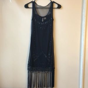 Navy Divided Mesh Beaded Flapper dress